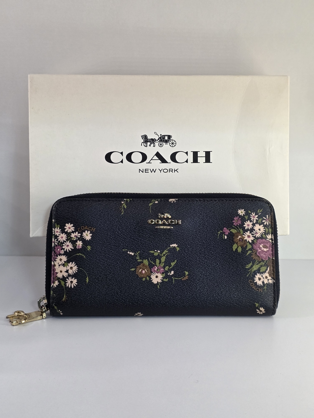 COACH Women’s Floral Zip Wallet - Navy Blue with Pink Floral Print (Unused)